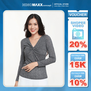N&m áo thun dệt kim nữ tay dài cổ tim cotton 2306013