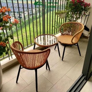 Bàn ghế ban công sân vườn lưng loe Healhomes mây nhựa cao cấp dùng sân vườn ban công quán cafe