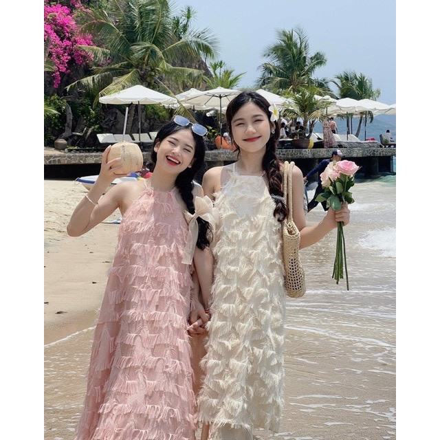 Váy 2 dây cổ yếm chất ren lông phối đuôi voan, Đầm maxi dáng suông có lót trong đi biển đi chơi dự tiệc AA13