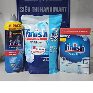 Combo Bột rửa bát Finish 2,2kg Nhật Bản + muối làm mềm nước Finish 1,5kg + dung dịch dầu Bóng bát Finish 800ml