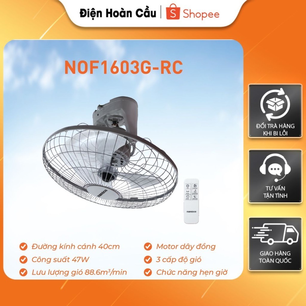 Quạt Đảo Có remote Nanoco NOF1603G-RC (Màu Xám)