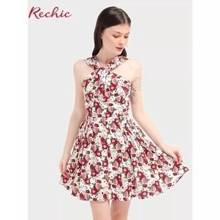 RECHIC Đầm Lana Flower họa tiết Hoa Đỏ cổ yếm xoắn chéo dáng xòe xinh xắn dễ thương quyến rũ