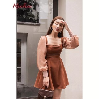 RECHIC Đầm nâu Marqui cổ vuông tay phối voan dài