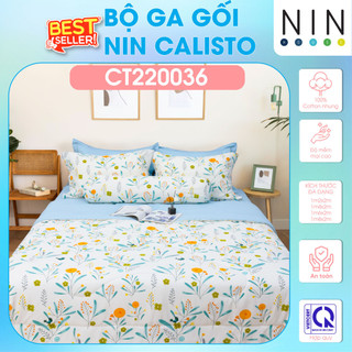 NEW 2024 Bộ 3,4 món drap cotton, áo gối NIN Calisto CT220036 1m2, 1m4, 1m6, 1m8 bọc nệm bo chun, cao cấp