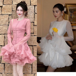 Đầm Bánh Bèo Dáng Tay Xòe Dài Tay VEROMODA Đầm Bánh Bèo Chất Vải Tơ Màu Trắng, Hồng Cao Cấp Đẹp Quyến Rũ 12