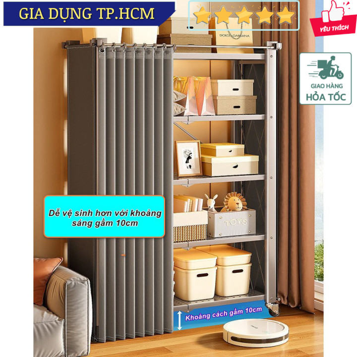 🆕 Kệ thép chịu lực 5 tầng xếp gọn có bánh xe và rèm kéo cao cấp Freestanding Metal Iron Shelf