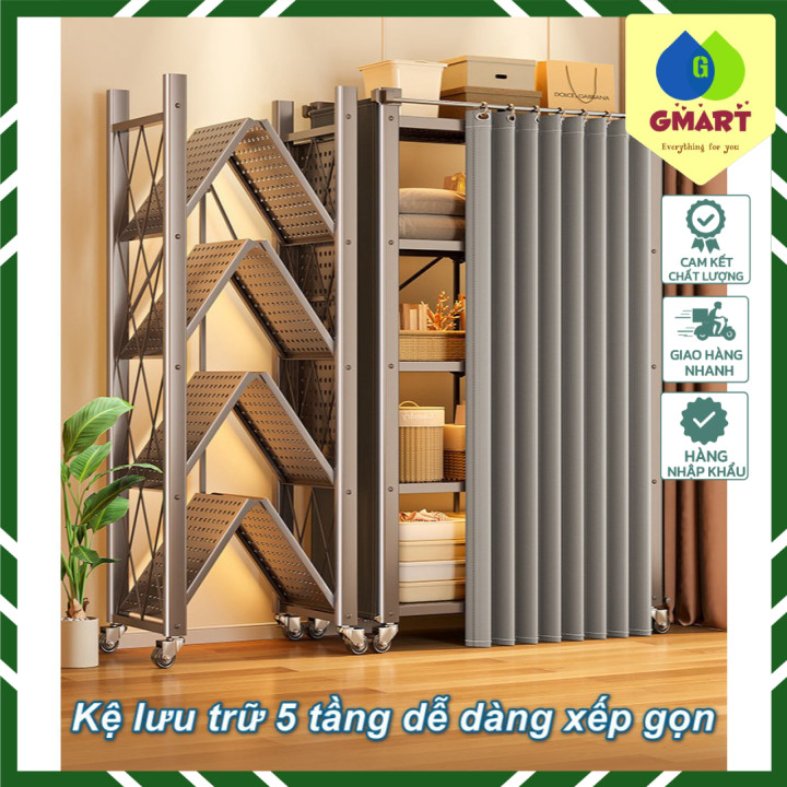 G-Mart Kệ thép chịu lực 5 tầng xếp gọn có bánh xe và rèm kéo cao cấp Freestanding Metal Iron Shelf
