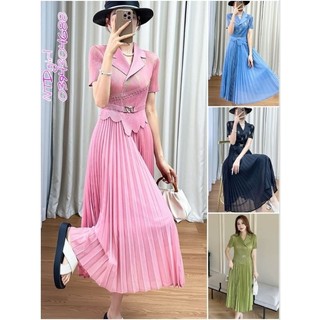Hàng nhập - Đầm dáng xòe lụa xếp li cổ vest họa tiết, váy Quảng Châu tay ngắn free size MD2024719