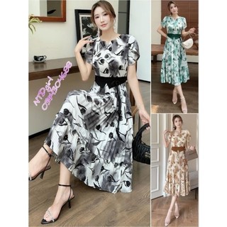 Hàng nhập - Đầm dáng xòe lụa xếp li cổ tròn tay ngắn, váy Quảng Châu thanh lịch in hoa tulip MD2024719
