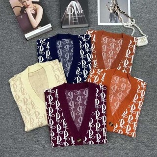 Hàng nhập - Áo khoác len nữ dệt kim tay dài kiểu cardigan, áo Quảng Châu in logo cài nút trước MD2024719
