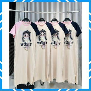 Váy Suông Dáng Dài, Đầm Suông In Hình Cô Gái WOODY Phối Ba Màu Trẻ Trung Fom Rộng Chất Cotton