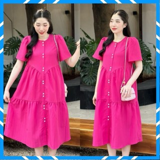 Váy Babydol From Rộng Dáng Dài, Đầm Babydol Ba Tầng Gài Cúc Chất Đũi Gân