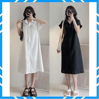 Váy Sơ Mi Dáng Dài, Đầm Sơ Mi Chất Đũi Gân From Rộng Gài Cúc Dáng Dài Mặc Hè Mát_HYE