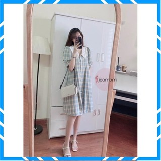 Váy , Đầm chữ A cổ sơ mi chiết eo nhẹ kẻ caro xanh phối cúc đính cực xinh , Tôn Dáng siêu Hot