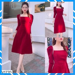 Váy dự tiệc nhung viền ngọc tay lỡ dáng dài có khoá sau , Đầm Cổ Vuông Sang Chảnh
