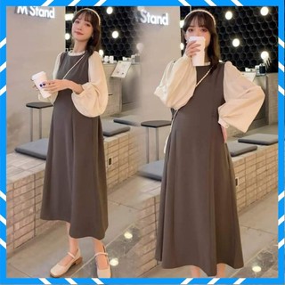 Váy , Đầm Xoè Phối Tay Chất Chéo Hàn Có Dây Buộc Sau, Bầu Mặc Xinh