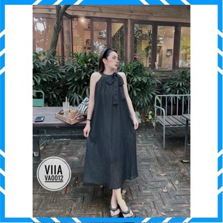 Váy , Đầm Maxy Yếm Buộc Nơ Cổ Chất Đũi Tơ Hai Lớp Thích Hợp Đi Biển, Đi Chơi