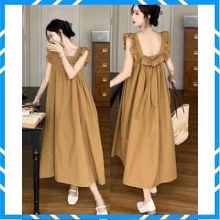 Váy Xuông From Rộng , Đầm Thô Cổ Vuông Tay Viền Bèo Dáng Dài Gắn Nơ Sau Sang Chảnh