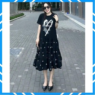 Váy Công Sở Dáng Dài, Đầm Đuôi Cá From Rộng In Hình Tim Phối Chân Hoa From Rộng