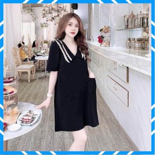 Váy đũi cổ bèo dáng xuông dài 1m , From Rộng Phối Viền Cổ