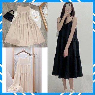 Đầm maxi hai dây babydoll 3 tầng vải đũi mặc đi biển , Váy From Rộng Mặc Mát Vào Mùa Hè Siêu Hot