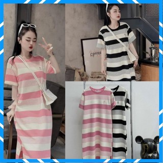 Váy Kẻ Dáng Dài, Đầm Suông Kẻ In Hình Tai Thỏ From Rộng, Dáng Dài Chất Cotton Siêu Dễ Thương