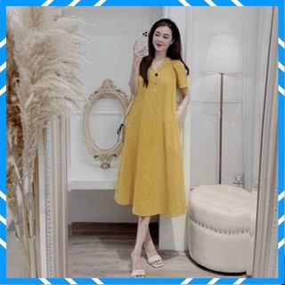 Váy , Đầm Suông Cổ Chun Đính Cúc Cách Điệu Chất Đũi Xước From Rộng