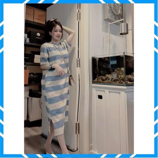 Đầm Suông Kẻ Xanh, Váy Dáng Dài Thêu Hình Hổ From Rộng, Chất Cotton Bầu Mặc Được