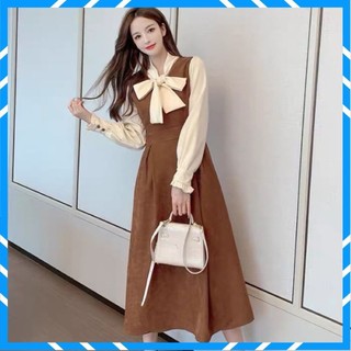 Váy đi tiệc dáng xoè dài tay thắt nơ cổ có khoá kéo chất dạ nhung , Đầy Quyễn Rũ Siêu đẹp
