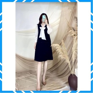 Váy đũi nơ dài tay phối mầu sang chảnh, Đầm phối tay nơ ngực hai màu mặc đi tiệc đi chơi