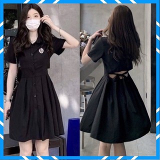 Váy đầm nữ cộc tay cổ bẻ sơ mi logo thắt nơ lưng màu đen dáng ngắn xòe học sinh ulzzang hàn quốc