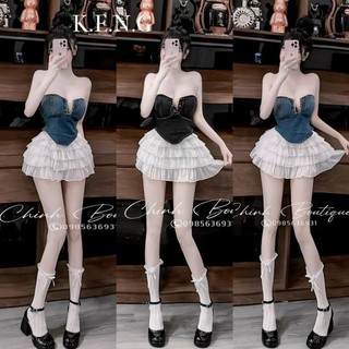 Set Thiết Kế Áo Bò Croptop Cúp Ngực Phối Chân Váy Ngắn Xếp Tầng Đi Chơi Đi Tiệc Sang Chảnh