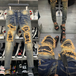 Quần Jean Nam Xanh Rêu Đính Đá Khâu Viền Xanh - Sẫm Loang Tua Vàng, Quần bò nam Amiri hoạ tiết đính đá thời trang hónhất