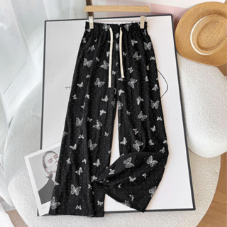 Quần ống rộng nữ vải đũi rách họa tiết  bướm đính đá lưng cao