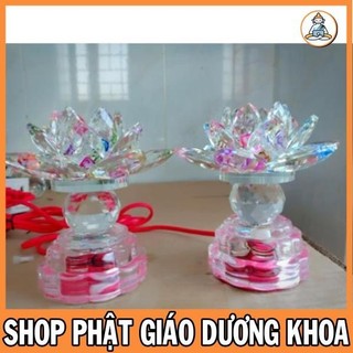 Cặp đôi đèn thờ cúng hoa sen pha lê 12cm 7 màu cao cấp 1 bi