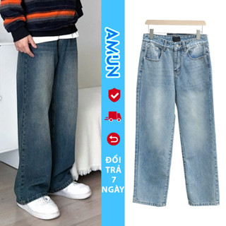 Quần Bò Jean Baggy Nam Xanh Đen Wash ống rộng xuông cạp cao dáng suông cao cấp Amun