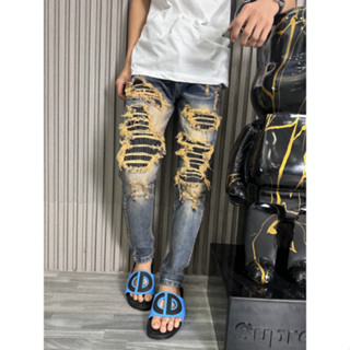 Quần Jean Nam Xanh Rêu Đính Đá Khâu Viền Xanh - Sẫm Loang Tua Vàng, Quần bò nam Amiri hoạ tiết đính đá  Mãu HoT