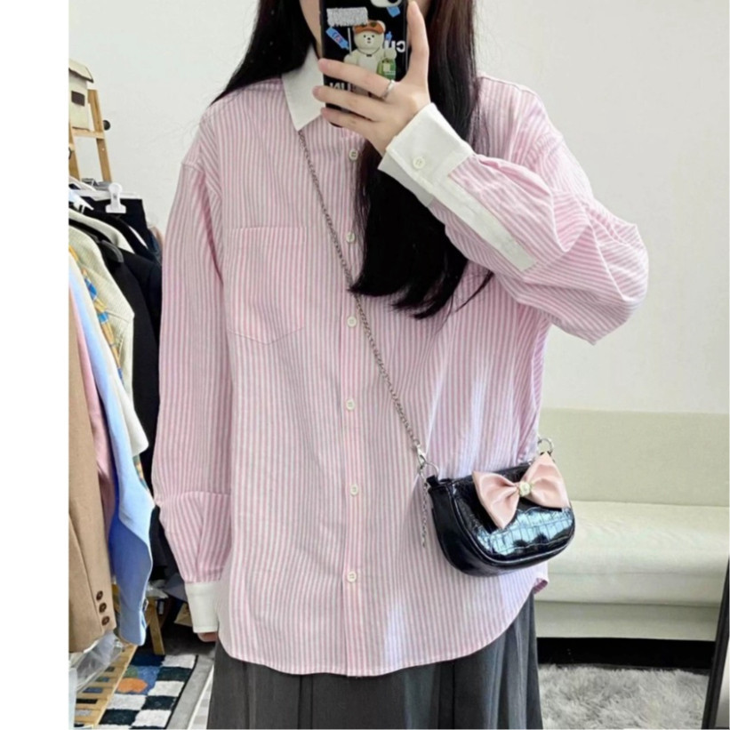 Áo sơ mi nữ dài tay kẻ sọc hồng form rộng chất thô khoác ngoài đi biển chống nắng siêu xinh mùa hè layquangchau Mã 01