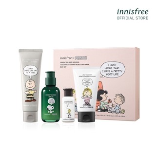 Bộ chăm da phiên bản giới hạn innisfree Green Tea Seed Serum & Volcanic Calming Pore Clay Mask Duo Set x Peanuts