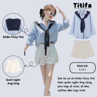 ( ẢNH THẬT )	Sét Áo Sơ Mi Kẻ Có Khăn Cổ Kèm Quần Kaki  Có Đai Đi Kèm Mua 1 Được 4 - Titifa Shop