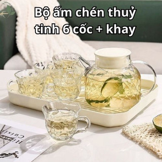  Bộ ấm chén pha trà chất liệu thuỷ tinh cao cấp 6 cốc kèm khay tiện dụng chịu được nhiệt độ cao 