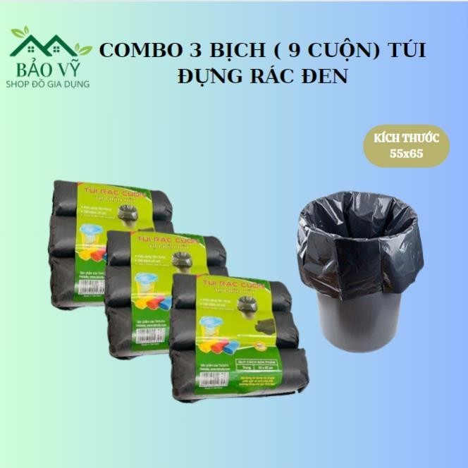 COMBO 3 BỊCH (9 CUỘN) TÚI ĐỰNG RÁC TỰ PHÂN HỦY ,BAO RÁC ĐEN THÂN THIỆN VỚI MÔI TRƯỜNG KT 55X65 CM