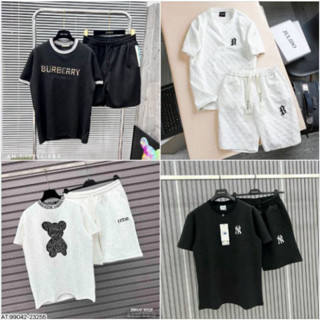 Bộ Cộc Xốp Vân Nổi Chữ B Royal Bộ quần áo tay ngắn dáng rộng thời trang Phối Dây Rút bản to Thời Trang