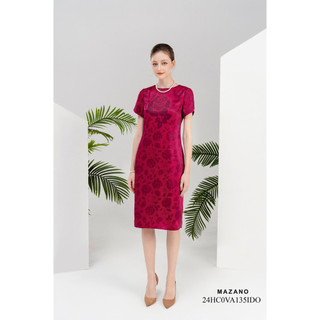 Váy Đầm Suông Vải thô lụa Hoạ tiết hoa hồng cách điệu Cổ tròn Tay ngắn Dài đến bắp chân