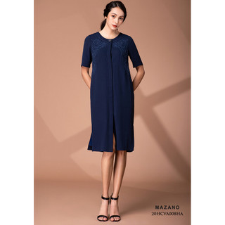 Đầm xanh than cổ tròn thêu hoa nữ Mazano