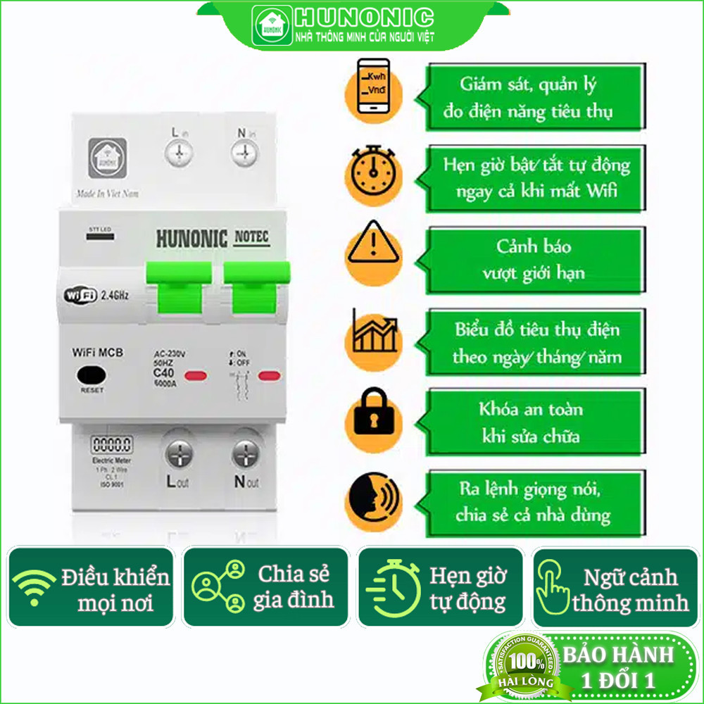 Aptomat Thông Minh Wifi Hunonic Notec Điều Khiển Từ Xa - Aptomat Hunonic 40A 63A 80A