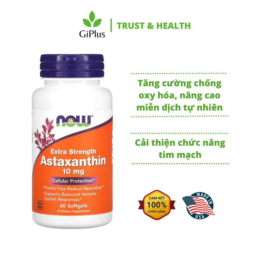 Viên Uống NOW Extra Strength Astaxanthin 10mg Chống Oxy Hóa, Tăng Sức Đề Kháng  (60 viên/lọ)