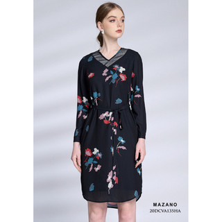 Đầm đen suông thắt đai cổ V nữ Mazano