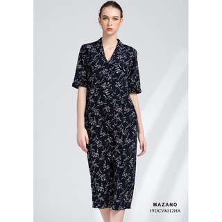 Đầm xanh họa tiết cổ vest thắt đai nữ Mazano