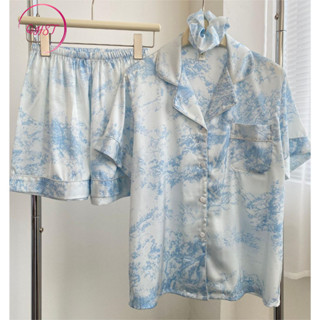 QHST Bộ Đồ Ngủ Nữ Phù Hợp Với Phong Cách Trung Hoa Mực Tranh Màu Xanh In Quần Short Tay Ngắn Satin Nhập Khẩu